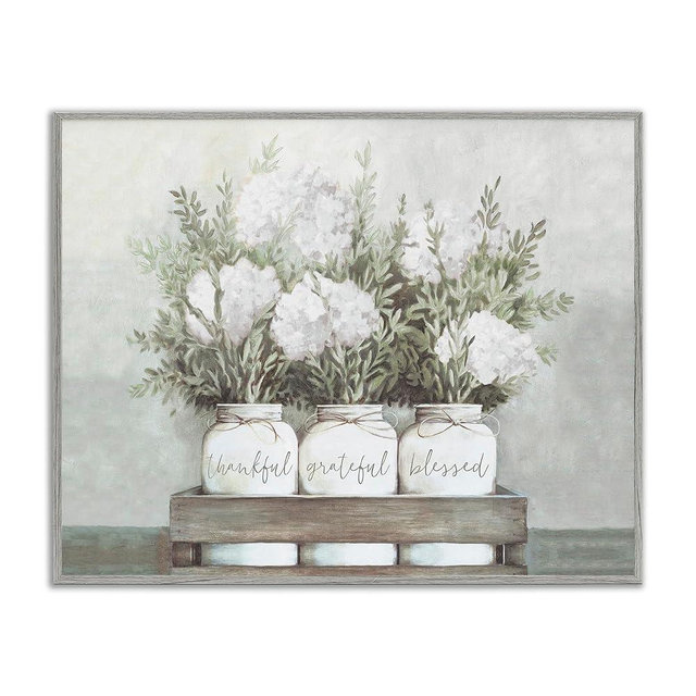 Stupell Industries Pristine Hydrangea Bouquets Thankful Grateful Blessed Sentiment Framed Giclee Art Design by Dogwood Portfolio, 16 x 20, Gray Framed