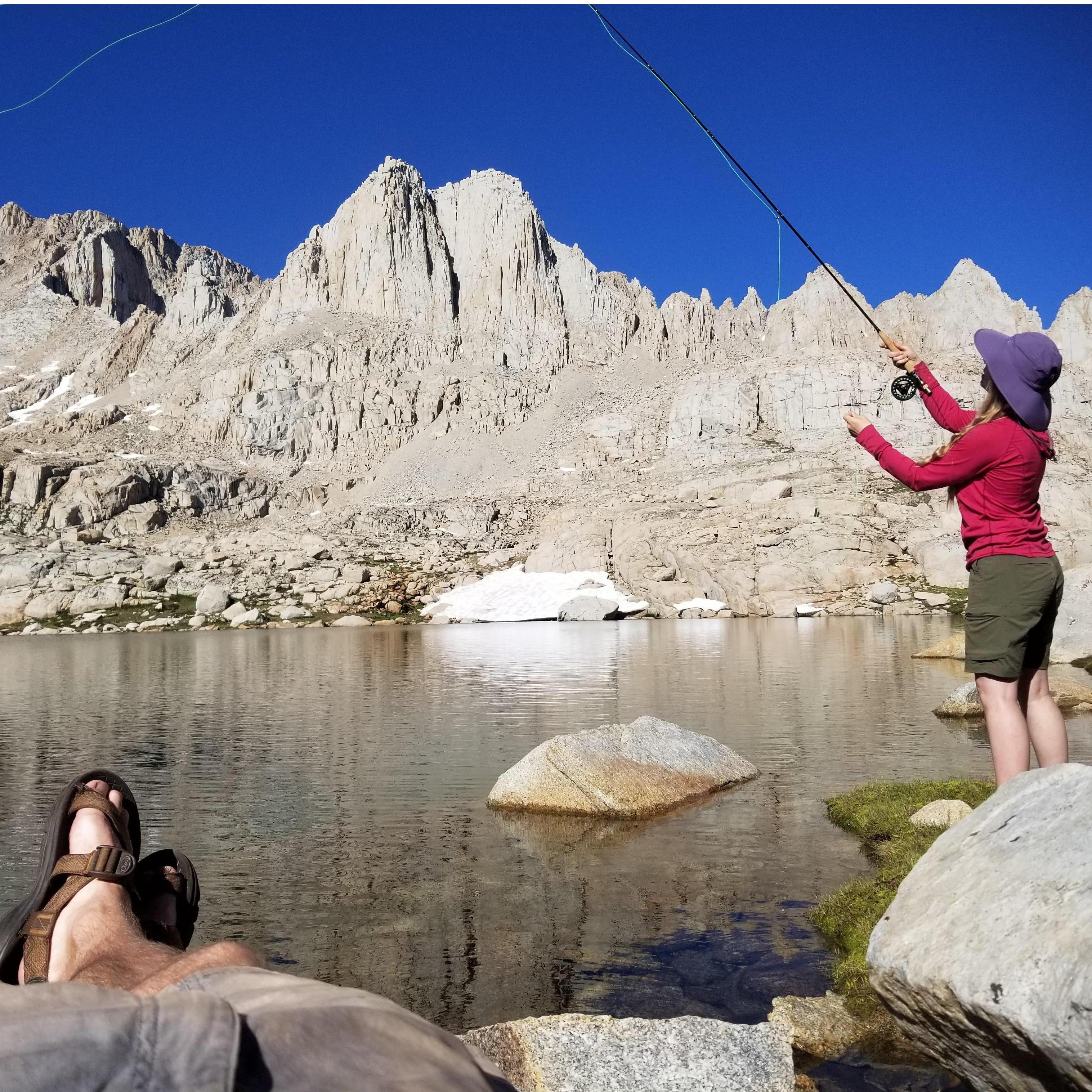 Quiet Time: at the end of a 20-mile hike to the Miter Basin in the Sierra Nevada, we stopped at Blue Sky Lake to fish, camp, and enjoy the perfect stillness of mountain life (2019).