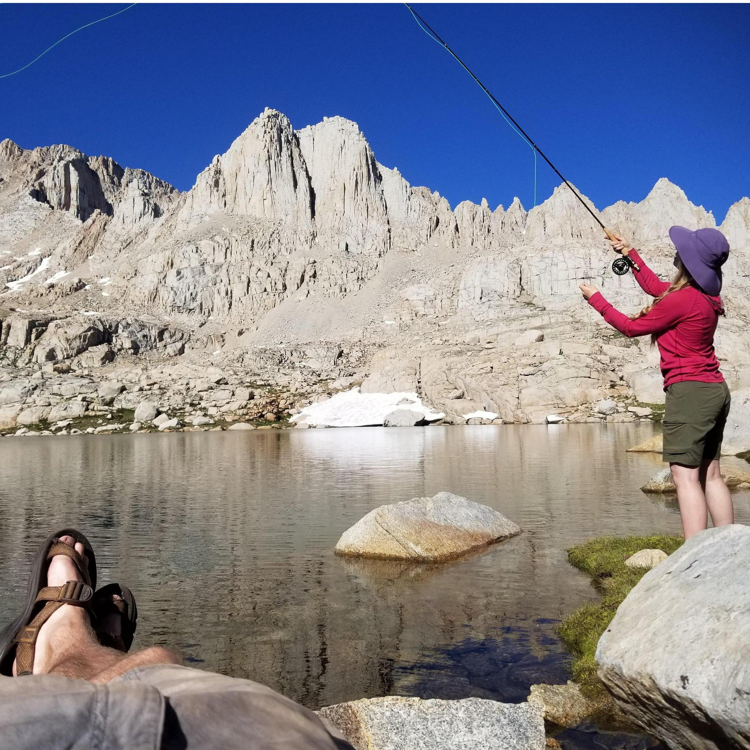 Quiet Time: at the end of a 20-mile hike to the Miter Basin in the Sierra Nevada, we stopped at Blue Sky Lake to fish, camp, and enjoy the perfect stillness of mountain life (2019).