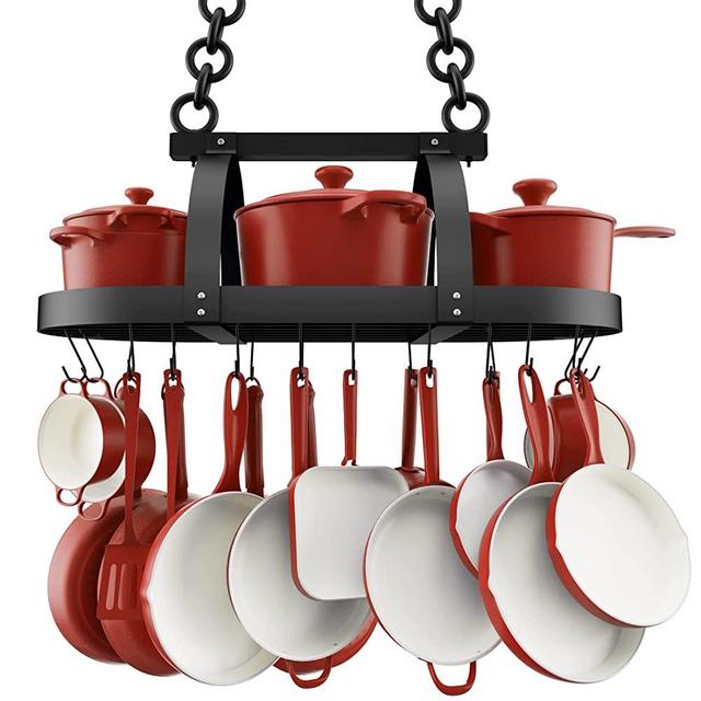 KES Ceiling Pot Rack 34-Inch Hanging Pot Rack for Kitchen Oval Pot and Pan Rack Matte Black Pot Hanger with 20 S Hooks (For 16" and 24" Stud Mount), KUR221S85-BK