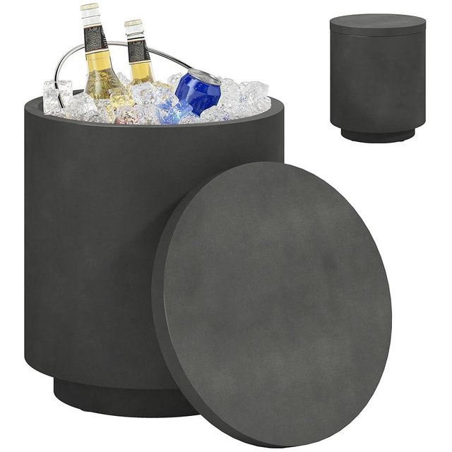 HOMCOM 2.6 Gal Outdoor Cooler Side Table, 3-in-1 Cool Coffee Table with Storage, Removable Ice Bucket and Lid, Concrete Small Patio Table for Party, Poolside, Deck, Charcoal Gray