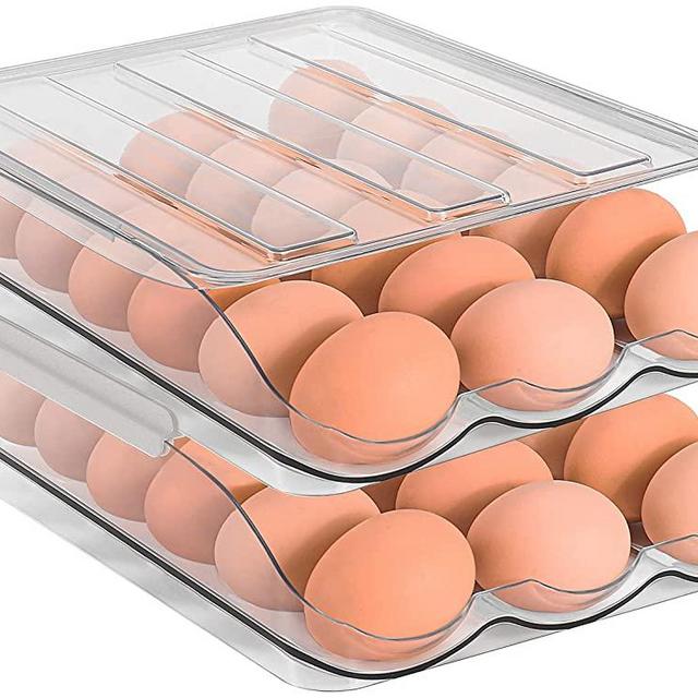 Sooyee 2 Layer Egg Holder Egg Storage Container for Refrigerator,Ramp Type Auto Roll Egg Organizer for Refrigerator,Large Egg Container Bin,Clear