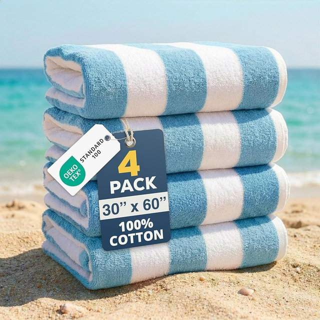LANE LINEN Beach Towels 4 Pack - 520 GSM 100% Ringspun Cotton Beach Towel - 30" x 60" Beach Towels Oversized, Thick & Highly Absorbent - Quick Dry Towel Set for Holiday Travel & Vacation - Light Blue