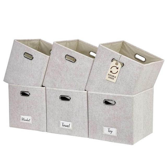 DECOMOMO Felt Storage Bins, 13 inch Cube Storage Bins with Labels for Organization (Cube 13" / 6pcs, Beige)