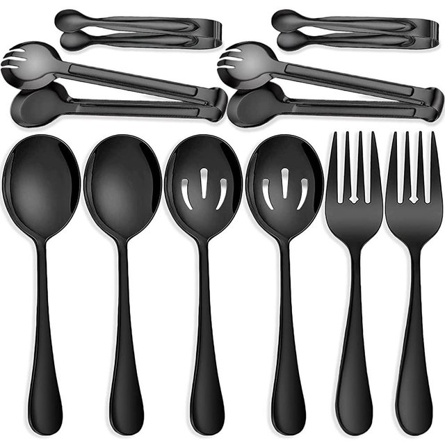 IAXSEE 10 PCS Stainless Steel Serving Utensils, Large Serving Spoons Slotted Spoons, Serving Forks, Serving Tongs, Ice Suger Tongs, Metal Utensils Set Great for Buffet Catering Banquet Party (Black)