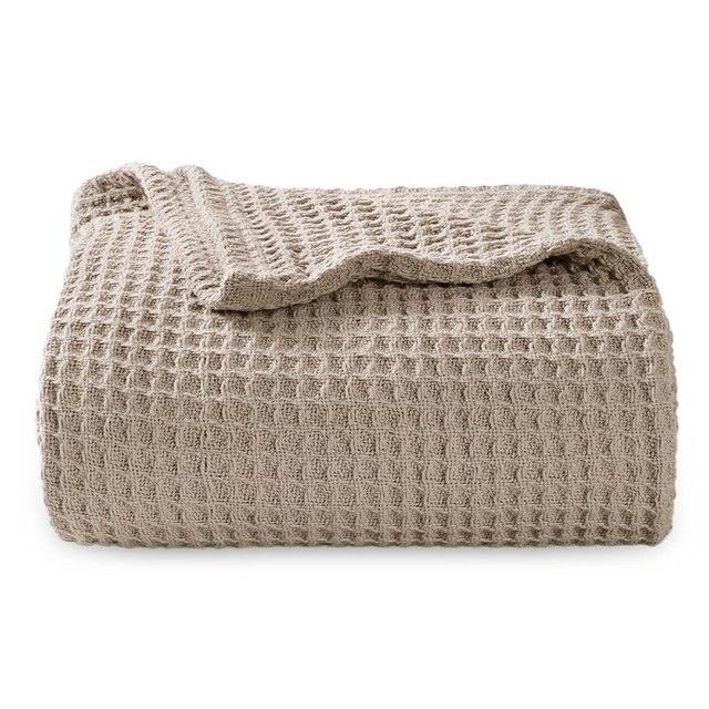 Bedsure 100% Cotton Blanket Twin XL Size for College Dorm - Cooling Breathable and Soft for Summer, Waffle Weave Twin Blanket for Bed, Dorm Room Essentials, Taupe, 66x90 inches
