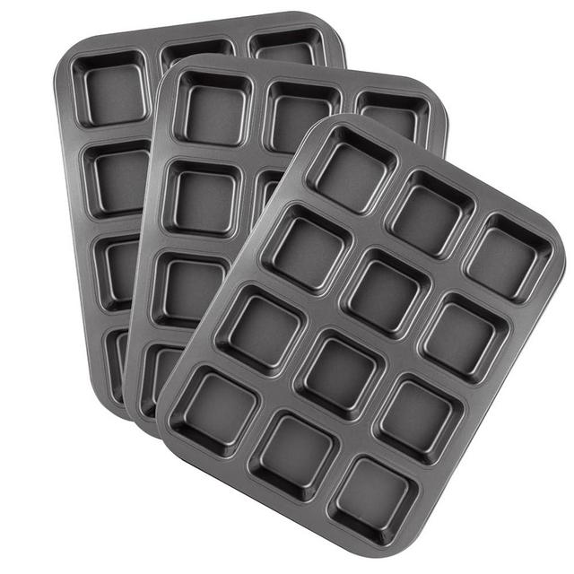 MUXHEL 3 Pcs 12-Cavity Brownie Pan with Dividers, 14" × 10.5" × 1.2" Non-Stick All Edges Cupcake Pan, Black Carbon Steel Square Muffin Pan for Oven Baking