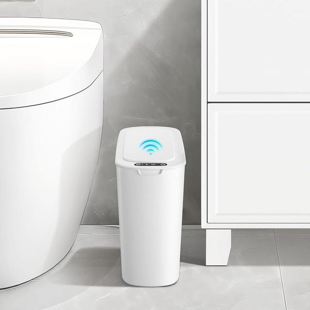 TIPGO 2.6 Gallon Automatic Bathroom Trash Can, Touchless Motion Sensor Garbage Can with Lid, Smart Plastic Slim Wastebasket for Bedroom, Office, Dorm, rv (White)