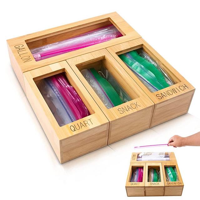 Jesskit Bamboo Ziplock Bag Storage Organizer and Dispenser for Kitchen Drawer, storage bag organizer Suitable for Gallon, Quart, Sandwich & Snack Variety Size Bag