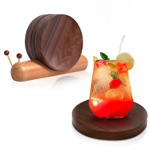Funny Coasters, 5 Pcs Wooden Coasters for Drinks Cute Snail Natural Wood Coasters Set with Holder Bar Coasters Decorative for Coffee Cup Table Desk Birthday Home Decor Housewarming Gift(4 × 4 inches)