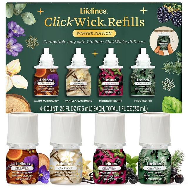 ClickWick Essential Oil Blends for Lifelines Diffusers, 4-Pack Winter Gift Set - Essential Oil Blend Fragrance Refills for Candle, Plant & Shower Aromatherapy Diffuser - Home Spa & Relaxation Gifts