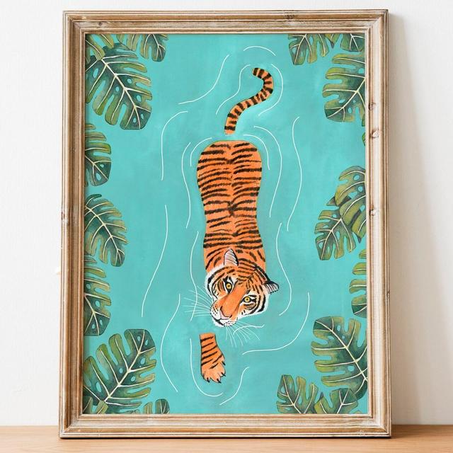 Tiger art print, Jungle illustration, Animal wall art, Safari animals, Tigers poster, Tropical wall decor, Jungle painting, Tiger swimming