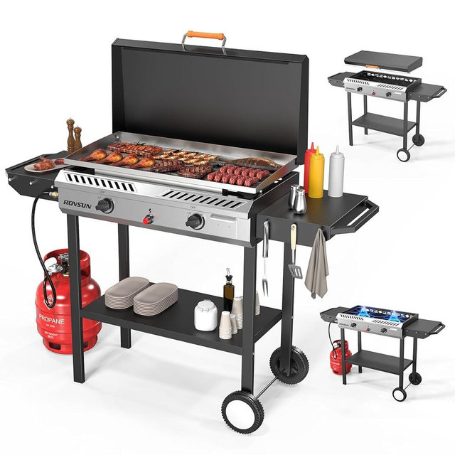 ROVSUN 2-in-1 Propane Stove & 30'' Griddle Combo with Ignition, 2 Burner 150,000 BTU Gas Stove & Grill with Side Shelves, Rolling Wheel & Regulator for Home Outdoor Backyard Camping Cooking Grilling