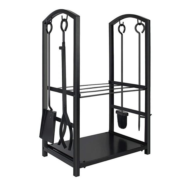 WBHome Firewood Rack with 4 Tools - Iron Fire Log Holder Storage Set Includes Brush, Shovel, Poker, and Tongs, 17 x 29 x 12 inches, for Indoor / Outdoor