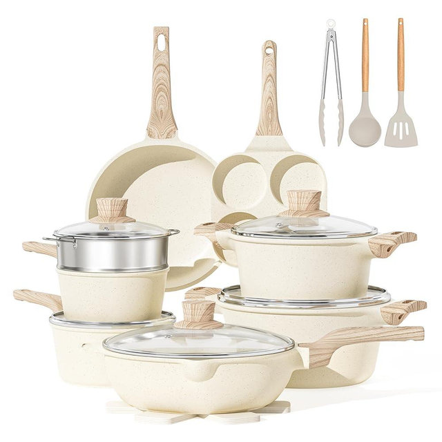 Caannasweis Pots and Pans Set, Nonstick Kitchen Cookware Sets, Granite Pots and Pans, Cooking Pans Pots Set (Steamer Basket Set Beige)
