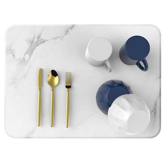 HomePekite Stone Dish Drying Mat For Kitchen Counter,Fast Dry,Heat Resistant,Non-Slip,Eco-Friendly Diatomaceous Earth Mat,Quick Drying Dish Mat for Baby Bottles Dishes and More(16x12Inch Whtie Marble)