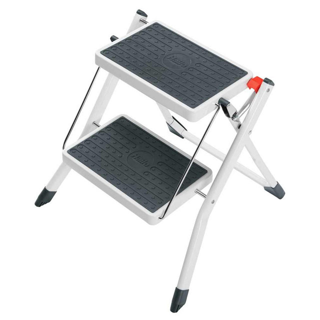 Hailo MK60 Mini Steel Step Stool with Foldable Design, Anti-Slip Feet and Stairs, Carry Handle, Safety Release Feature and 330 lbs Capacity, White