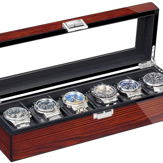 BEWISHOME Watch Box for Men, 6-Slot Wooden Watch Case, Watch Display Case Watch Storage Watch Holder Organizer for Men, Watch Display with Glass Lid, Brown SSH06Y
