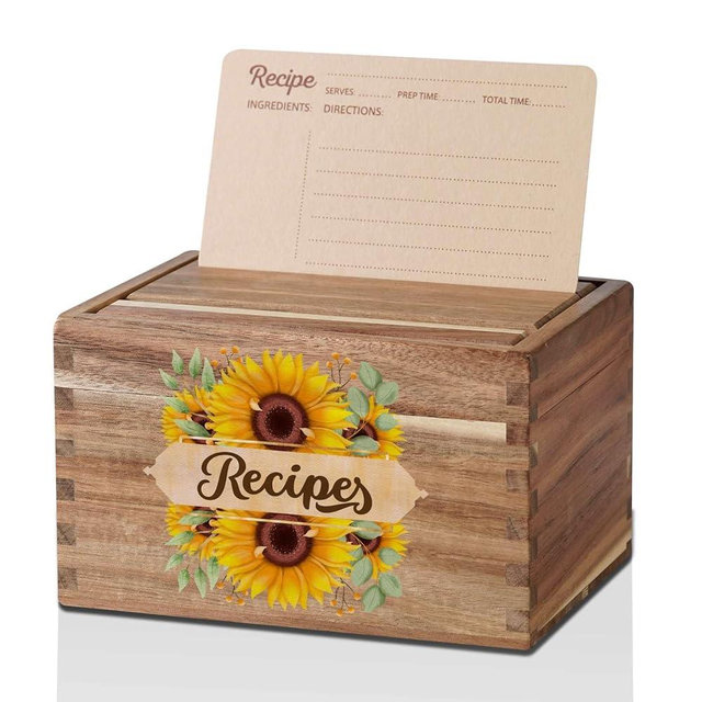 InnoBeta Sunflower Gifts Recipe Box, Recipe Card Holder Box with 50 4x6 inch Recipe Cards, 10 Dividers, Recipe Organizer for Sunflower Lovers