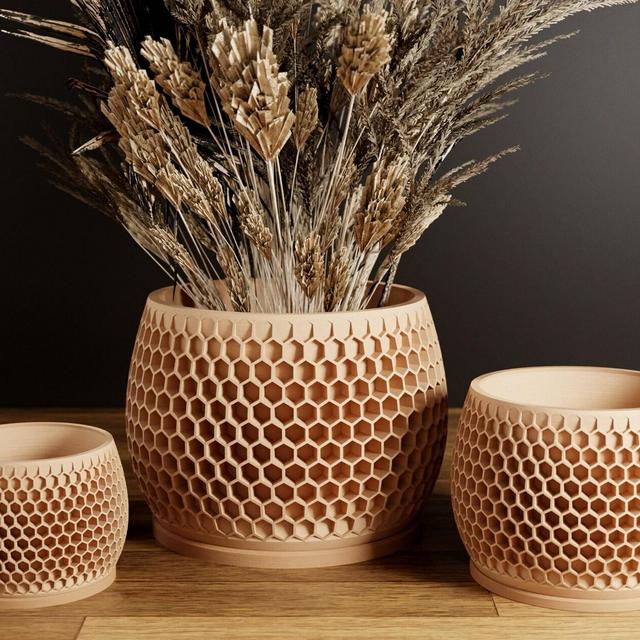 Wood Honeycomb Planter, Unique 3D Printed Plant Pot with Drainage & Saucer For Houseplants , 9 Color Options, Small to Large, 4 5 6 7 8 Inch