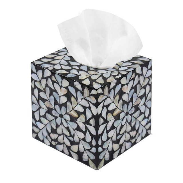 PEMAR Handcrafted Wooden Tissue Box Cover for Small Cube Tissue Boxes Only (Max Inner Size 4.7”) – Mother of Pearl Inlay Decorative Tissue Holder for Bathroom, Living Room & Office (White Vines)