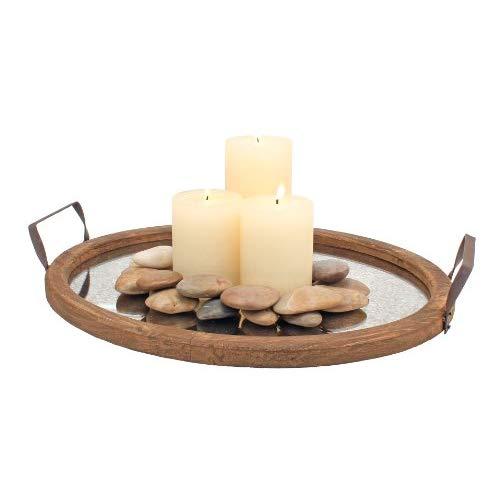 Stonebriar Brown Oval Wood Serving Tray with Metal Handles and Distressed Mirror Base, LARGE