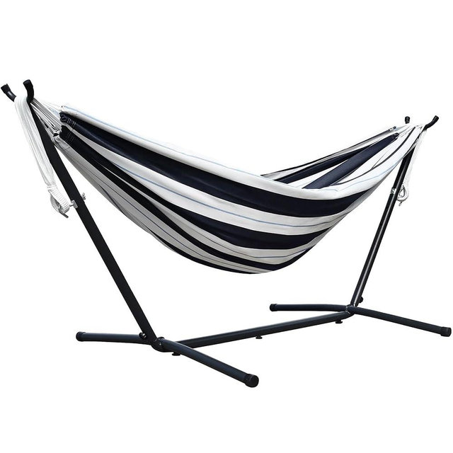 Vivere Double Sunbrella Hammock with Space-Saving Steel Stand, Heavy-Duty Portable Outdoor Hammock Set for Backyard, Patio, or Travel, Harbor