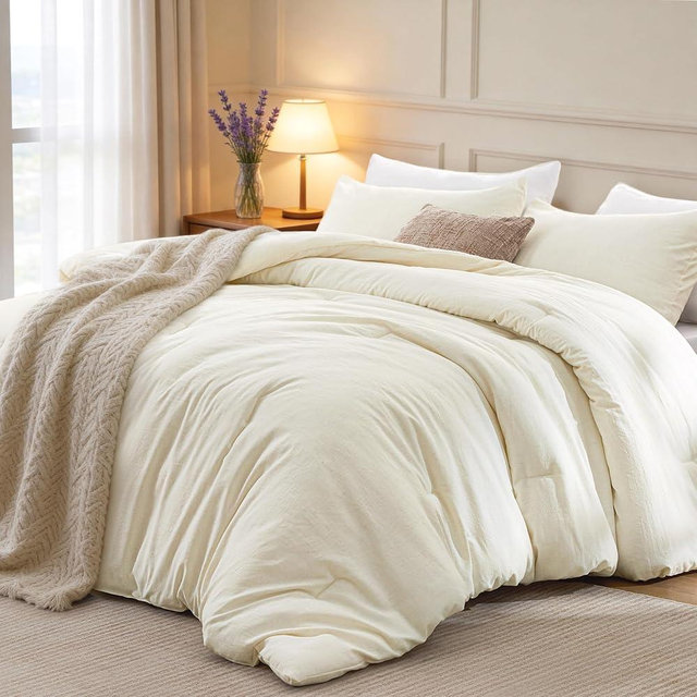 Love's cabin King Size Comforter Set Beige, 3-Piece 90% Polyester 10% Linen Blend Bedding Set, Linen-Look Textured Stripe, Down Alternative All-Season Comforter with Pillow Shams | Soft, Breathable, Lightweight