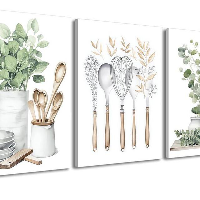YFvrPt Sage Green Kitchen Wall Art Set of 3, Eucalyptus Leaves Plant Dining Room Painting Wall Decor, Boho Botanical Canvas Poster Print Farmhouse Pictures for Home Decoration Framed 12"x16"