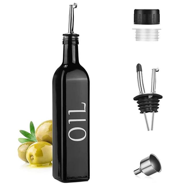 DIMBRAH Olive Oil Dispenser Black, Farmhouse Oil Dispenser Bottle for Kitchen, Black Olive Oil Bottle with 2 No-drip Pourers and Funnel, Glass Oil Bottle - [SINGLE PACK]