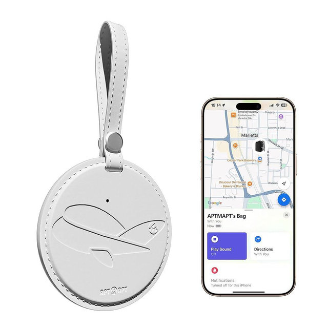 APTMAPT Smart Luggage Tag Works with Apple Find My, Premium Leather Suitcase Tracker with 2 ID Labels, TSA-Friendly, Anti-Lost Travel Essentials for Bags Backpacks, Wireless Charging, White