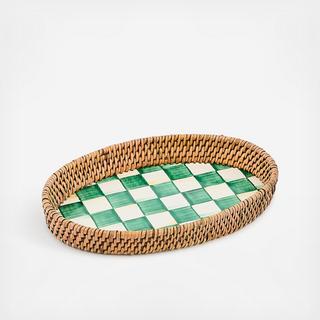 Emerald Check Enamel & Rattan Tray