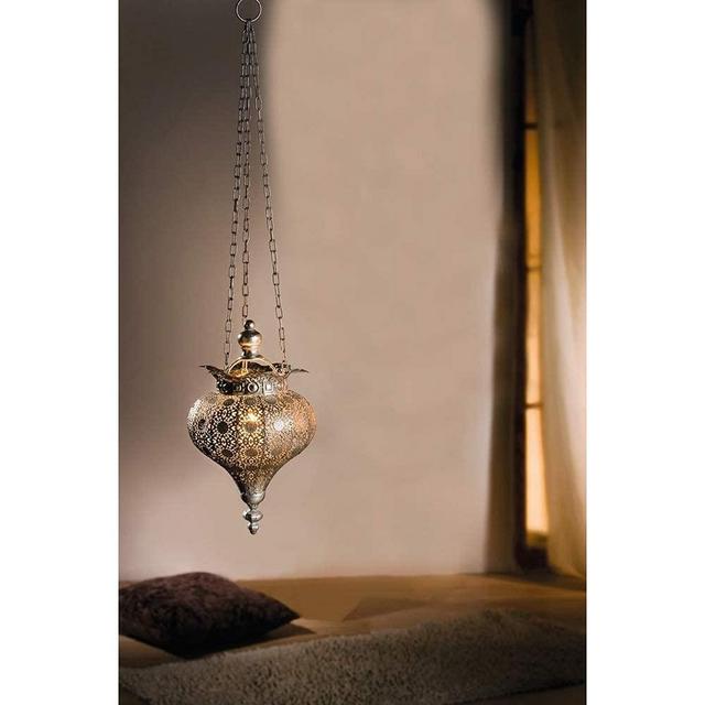 Antique Silver Oriental Moroccan Ramadan Lantern Metal Hanging Pendant Light Candle Lantern Lamp Decorative Decor Indoor Outdoor - Small