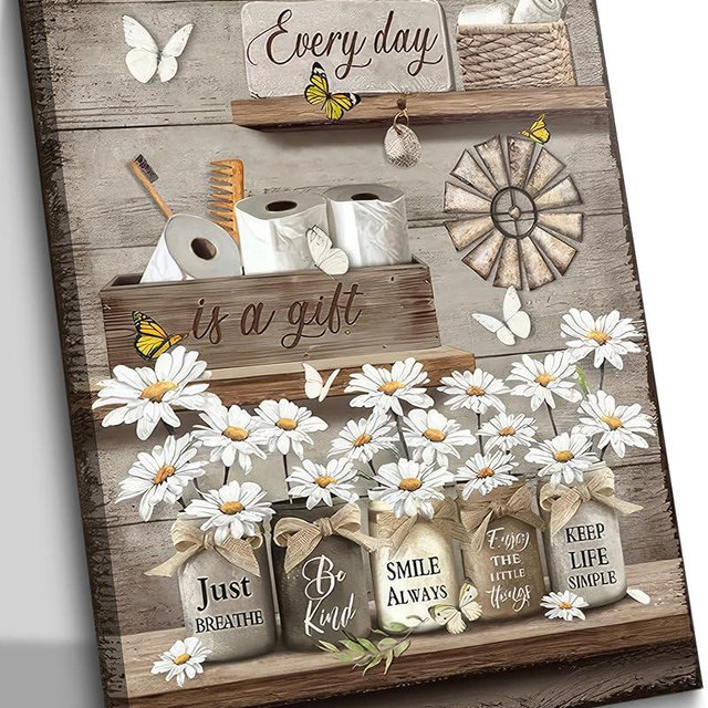 Farmhouse Bathroom Canvas Wall Art Rustic Bathroom Poster Print Vintage Country Daisy Butterfly Painting Retro Inspirational Quotes Picture Home Wall Decor 12x16in Framed