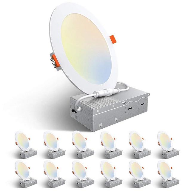 Amico 12 Pack 6 Inch 6CCT Ultra-Thin LED Recessed Ceiling Light with Junction Box, 2700K-6000K Selectable, 12W Eqv 110W, Dimmable Canless Wafer Downlight, 1050LM High Brightness - ETL