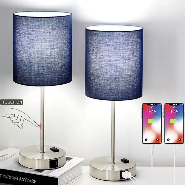 Set of 2 Touch Control Table Lamps with 2 USB Ports & AC Outlet, 3-Way Dimmable Bedside Nightstand Lamps for Living Room Nursery Office Bedroom, E26 800 Lumens 5000K Daylight Bulbs Included