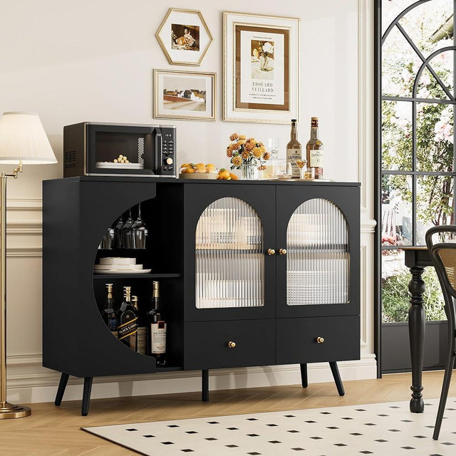 FACBOTALL Coffee Bar Cabinet, Buffet Sideboard Cabinet with 2 Drawers and Fluted Glass Door, Wine Bar Cabinet for Kitchen, Dining Room, Living Room, Modern Kitchen Storage Cabinet Black