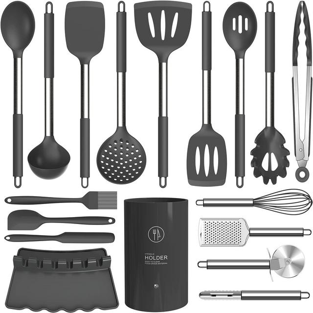 Silicone Cooking Utensils Set - Heat Resistant Kitchen Utensils,Turner Tongs,Spatula,Spoon,Brush,Whisk.Stainless Steel Gray Silicone Cooking Tool for Nonstick Cookware,Dishwasher Safe (Large)