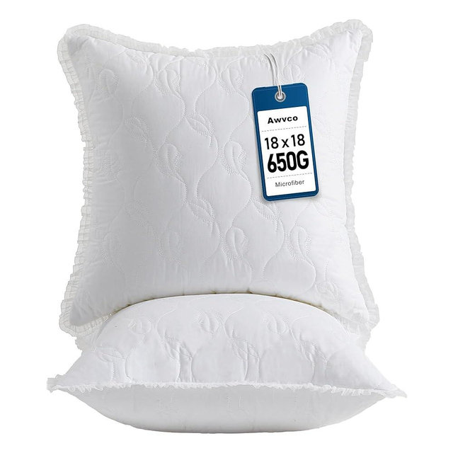 Awvco 18 x 18 Throw Pillow Inserts with Lace Edge - Soft and Fluffy, Breathable Quilted Cotton Fabric - Decorative Pillows for Couch Sofa Bed, White, Pack of 2