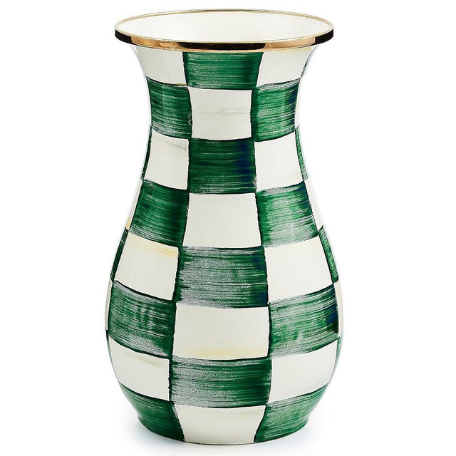 MACKENZIE-CHILDS Tall Enamel Vase, Unique Flower-Vase Decor for Living Room, Green-and-White Emerald Check