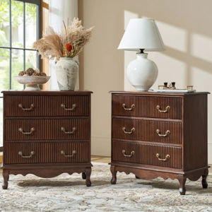 Kaybri Transitional 28"W 3-Drawer Solid Wood Fluted Chest with Built-In Power Outlet Simple Assembly (Set of 2) - Walnut