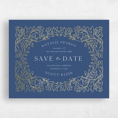 Dark Cobalt, Blue Wedding Save the Date - Briar Landscape Foil