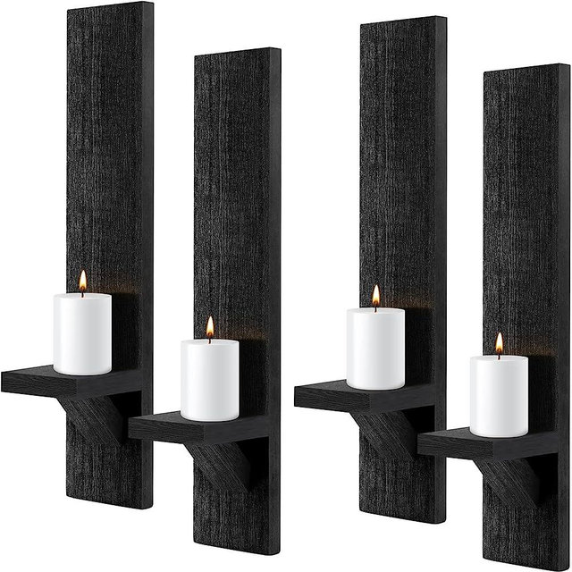Potchen Set of 4 Wall Sconces Candle Holder Mount Decorative Wood Holders Black Decor Rustic Hanging Shelf Living Room Decoration for Farmhouse Bathroom Bedroom Vase