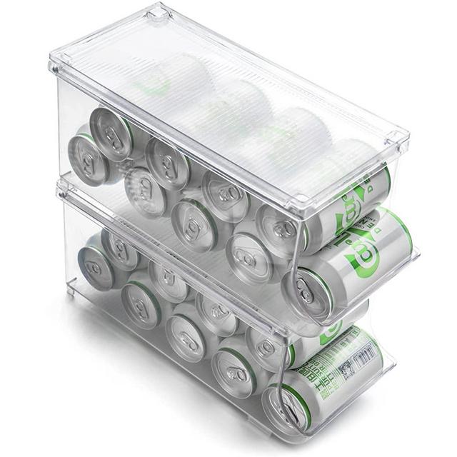 Set of 2-JinaMart Refrigerator Organizer Bin Pop Soda Can Beverage Holder for Fridge, Kitchen, Countertops, Cabinets, Clear Plastic Can Dispenser and Canned Food Pantry Storage Rack(With Lid)