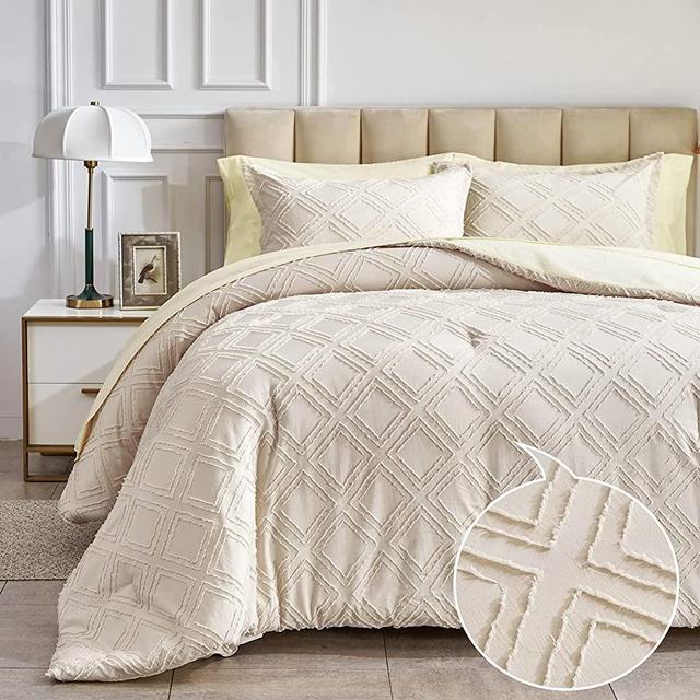 Beige Tufted Bed in a Bag 7 Pieces King Size, Soft and Embroidery Shabby Chic Boho Comforter Set, Luxury Solid Color Comforter with Diamond Pattern, Jacquard Tufts Bedding Set for All Season