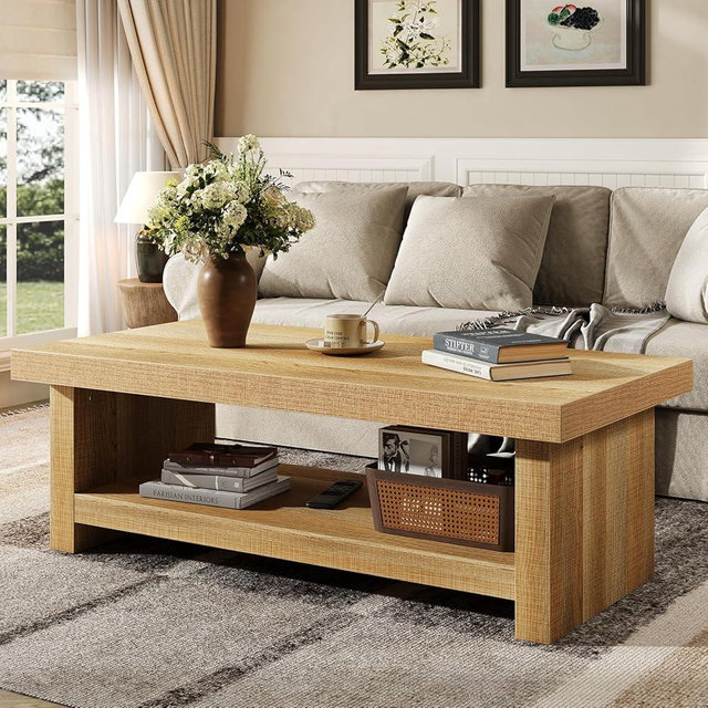 knoworld 47-Inch Rectangle Coffee Table, Wood Rectangular Center Tables, Farmhouse Low Cocktail Tea Table for Living Room, Thick Base/Easy Assembly, Natural