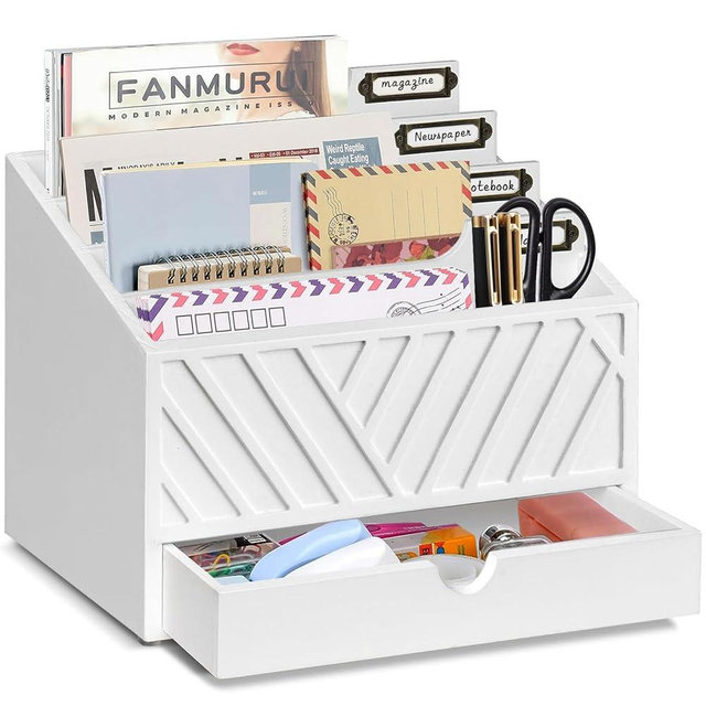 Mail Organizer for Countertop with 4 Large Compartments and Drawer, Wood Mail Holder Sorter Organizer, Countertop Desk Office Accessories Organizer for File Letter Paper Folder, Desk Drawer Organizer