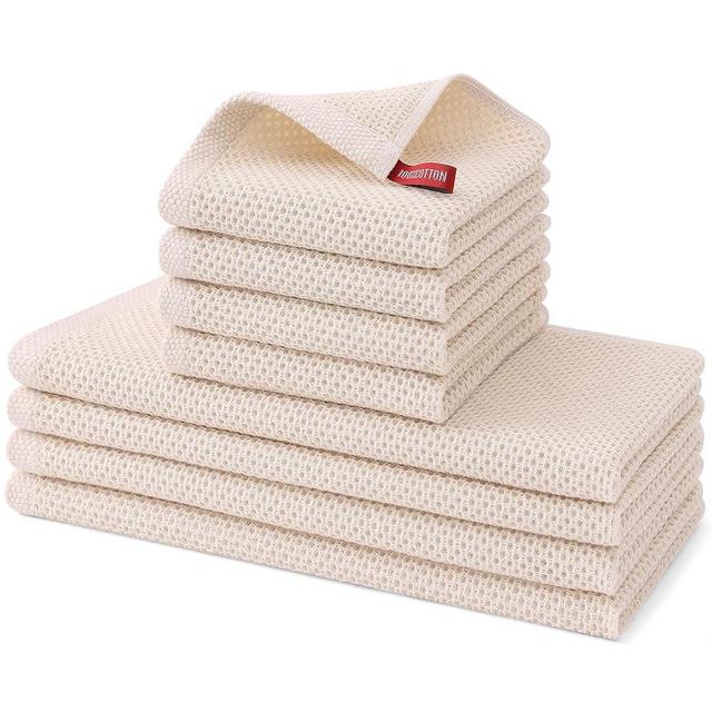 Kitinjoy 100% Cotton Kitchen Towels and Dishcloths Set, 8 Pack Waffle Weave Dish Towels Ultra Soft Absorbent Quick Drying Dish Rags, 13 x 28 Inch and 12 X 12 Inch, Beige