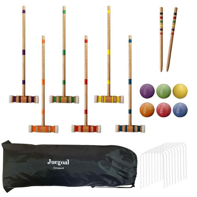 Juegoal Six Player Croquet Set with Wooden Mallets Colored Balls for Lawn, Backyard and Park, 28 Inch