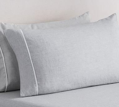 Belgian Flax Linen Contrast Flange Sheet Set, Queen, Smoke/White